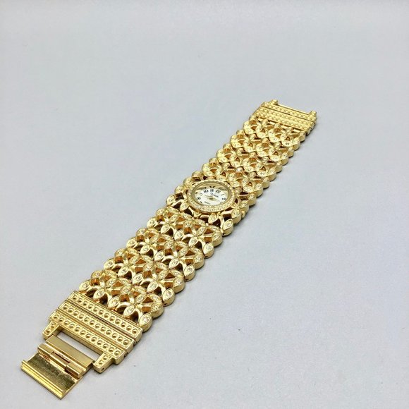 Vintage 90s Xanadu Watch Wide Band Jeweled Gold Tone and Crystals Ladies Watch - Picture 3 of 15